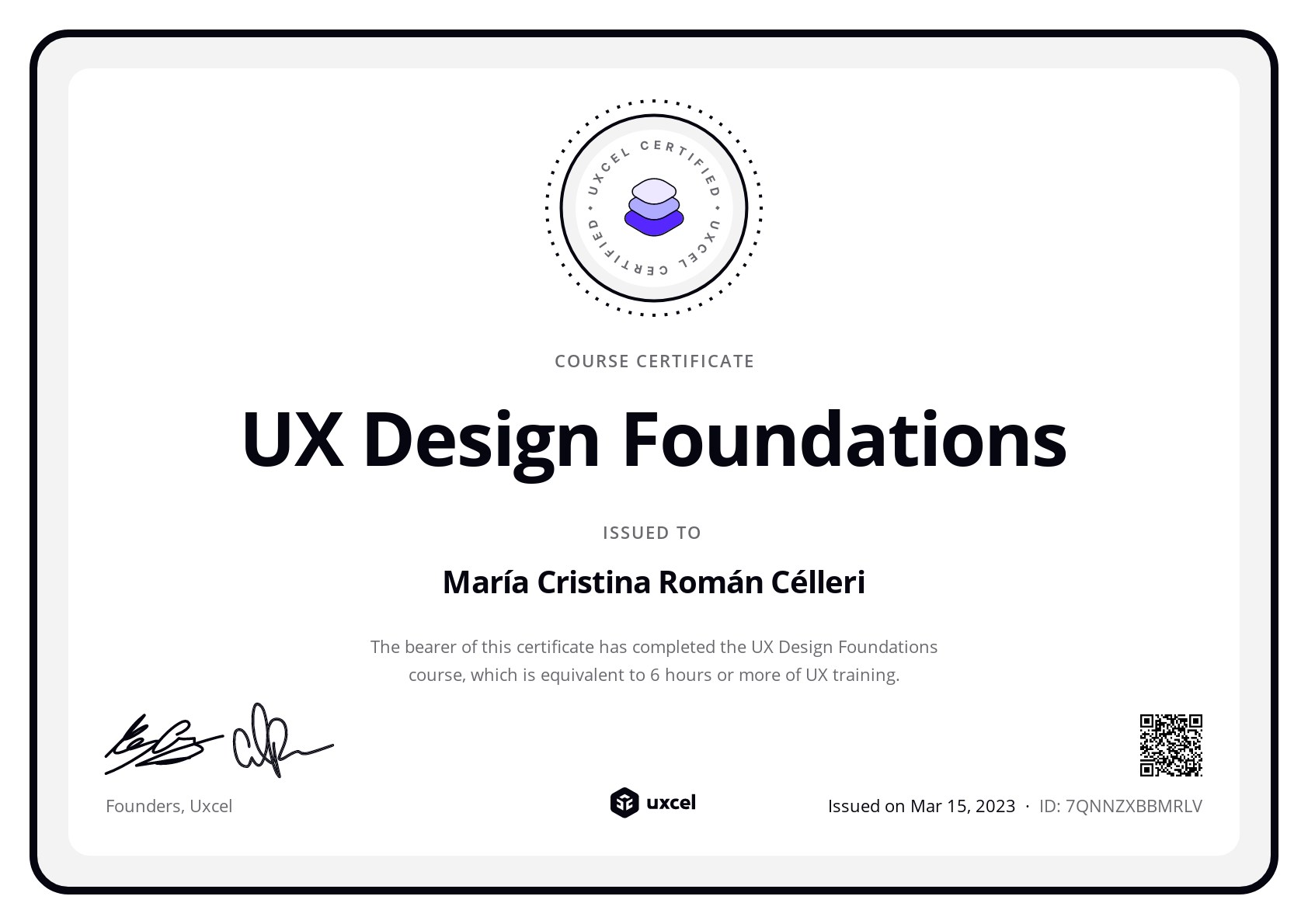 María Cristina Román Célleri's certificate